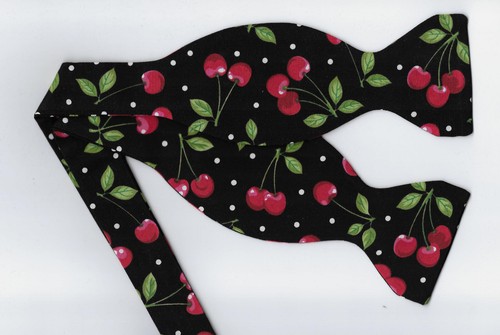 Fun Cherry Bow tie, Red Cherries & White Polka Dots on Black, Self-tie Bow tie - Picture 3 of 5