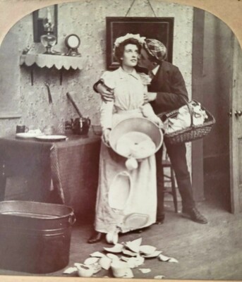 1901 3D Stereoview Breaking Dishes as Well Hearts Antique Photo card Original