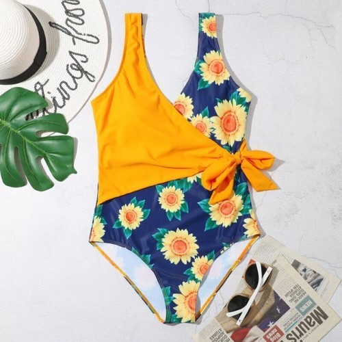 Womens Sunflower Print One Piece Swimsuit Bowknot Swimwear Monokini Bathing Suit