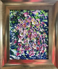 Heavy textured impasto contemporary abstract floral acrylic painting framed