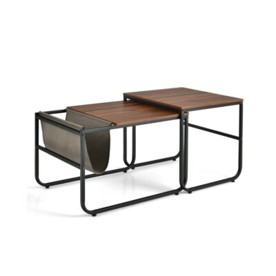 Set of 2 Modern Nesting Coffee Tables End Table Set Living Room With Side Pocket