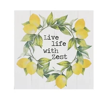 Lemon Wooden Box Sign with Live Life with Zest Motivational Quote 8 inch Square