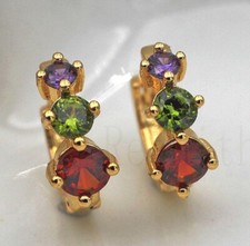 Pretty New 18K Yellow Gold Filled 3 Multicolor Round CZ Huggie Hoop Earrings