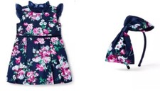 Janie Jack Floral pink satin ruffle Blue dress Girl-S-6,  Floral Bow Headband