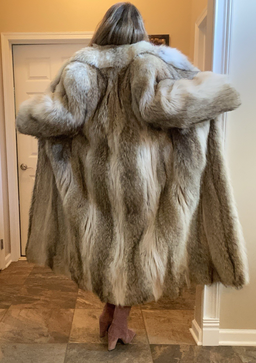 ビンテージ USA製 ロングファーコート ベージュ グレー ストライプ Genuine Coyote Fur Coat Size S-M Old Money Full Sleeve Maximalist
