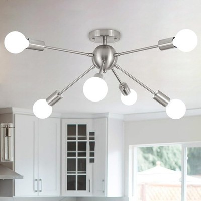 6-Light Ceiling Sputnik Light Fixture Brushed Nickel Chandeliers Mid Century 24''
