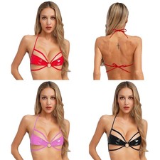 Women Pu Leather Hollow Out Micro Bra Halter Wirefree Unlined Bralette Underwear