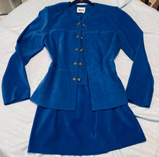80s 90s Vintage Leslie Fay Skirt Power Suit Set Blue Faux Suede Gold Clasp Sz 8
