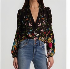 Alice & Olivia Helen Floral Top Large Black Gathered Sleeves Spring Nwt $395
