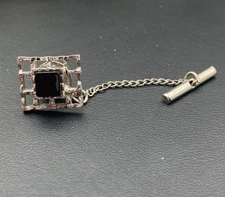 Vintage Silver Tone Tie Tack With A Black Stone Classic 