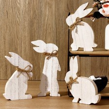4 pcs Easter Bunny Natural Wooden Table Signs: Rustic Freestanding Tiered Tra...