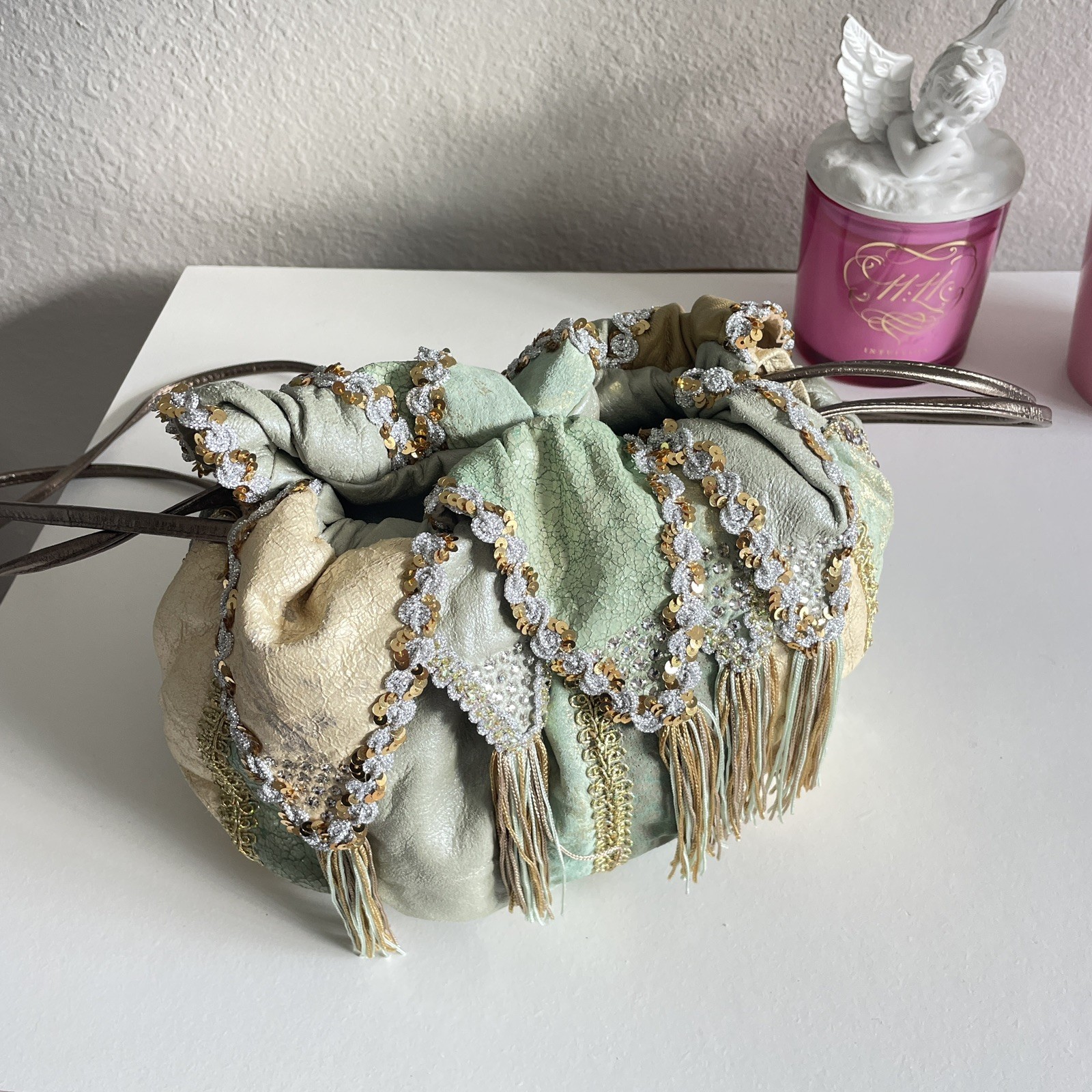 Vintage Jester Patchwork Drawstring Bag Purse 80s… - image 3