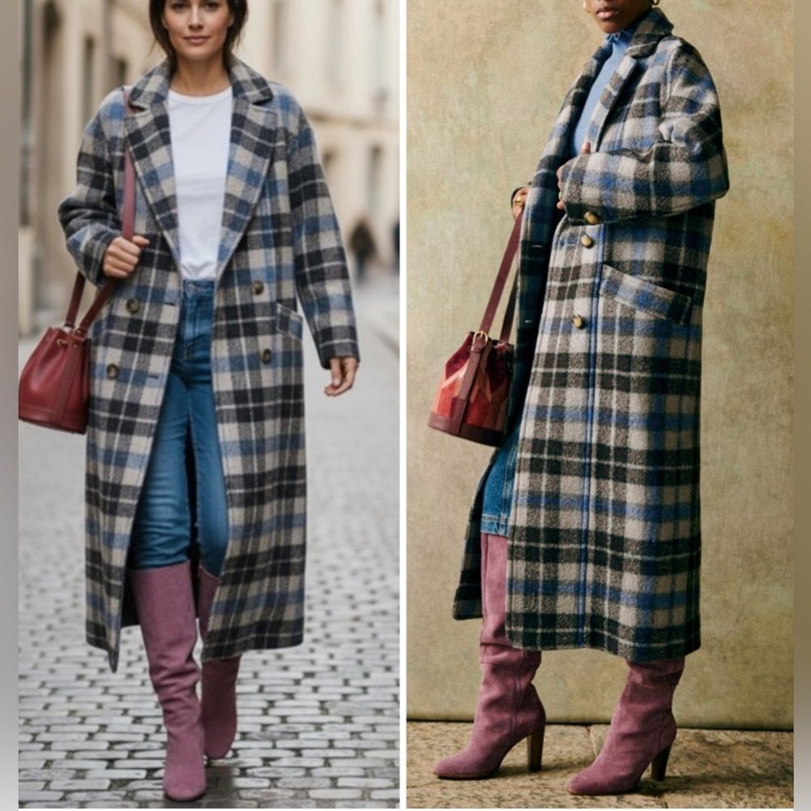 RRP US$445 Sézane Viktor Long Wool Coat in Prairie Check NWT FR38 US6