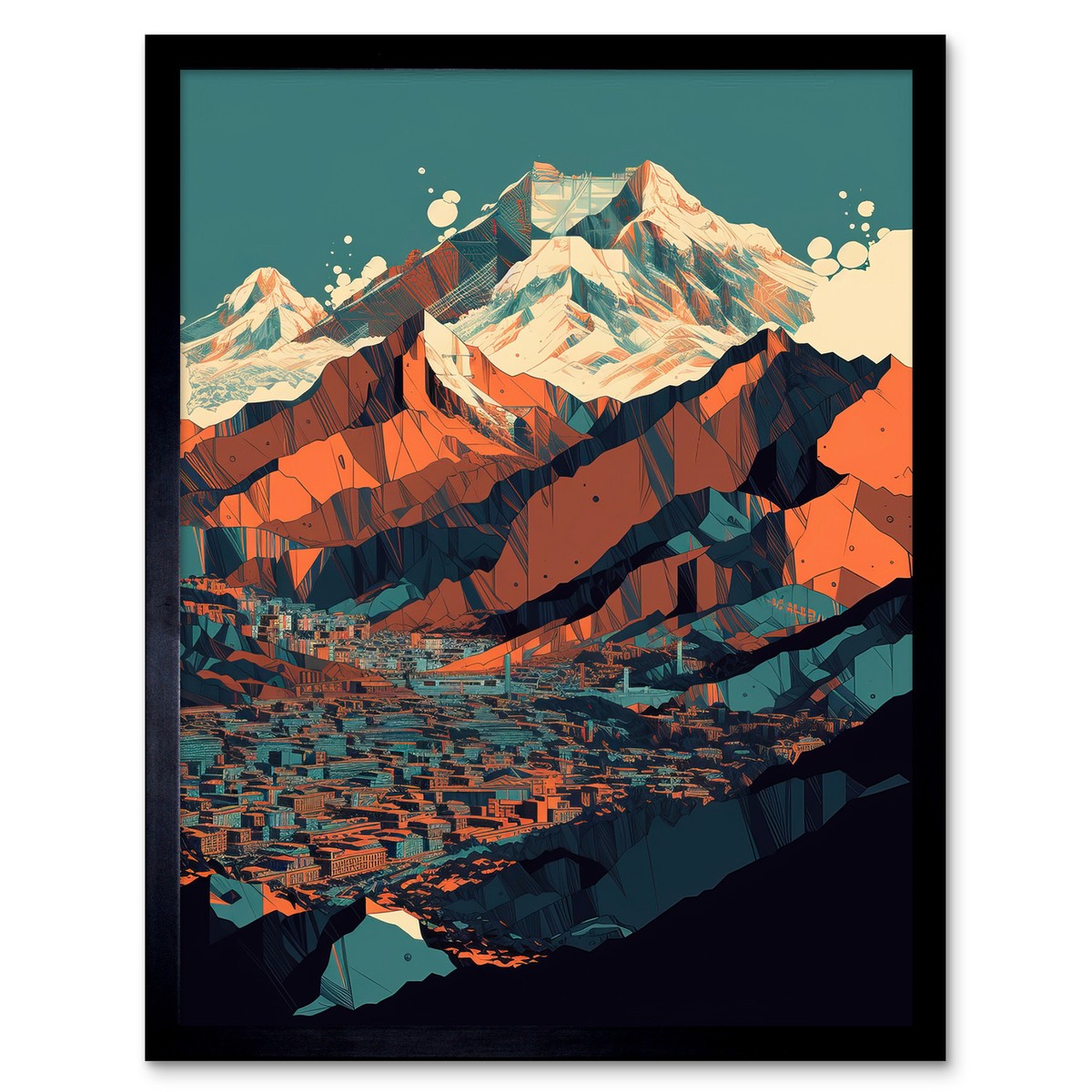 Modern City Surrounded by Tall Mountains Landscape Framed Wall Art