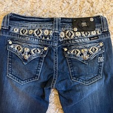 EUC Womens MISS ME BLING Flap Pockets Distressed Bootcut Jeans JW6108B Size 28