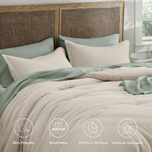 Waffle Comforter Set Beige Soft Cotton Bedding Set, Waffle Queen 01 - Beige - Picture 6 of 7