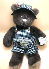 1985 GUND 'Bear Tales' Country plush bear with gingham overalls  hat 14   NWT