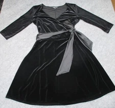 AB Studio Dress Womens Black Velvet Size L Satin Sash V-Neck Long Sleeve