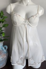 Vtg Victoria's Secret Cream Sheer Lace Mesh Underwire Babydoll Slip Dress 36D