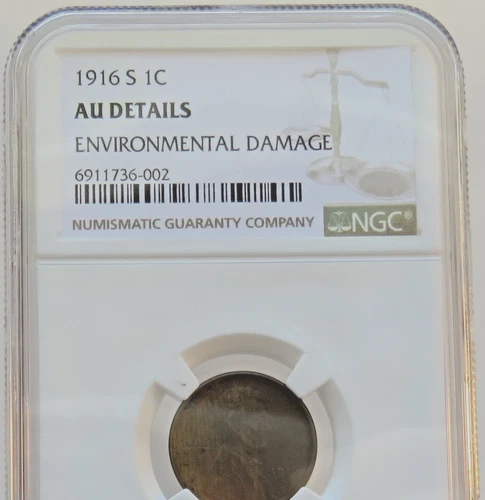 1916-S Lincoln Cent - NGC AU DETAILS ENVIRO DAMAGE - Free Shipping! - F#6002