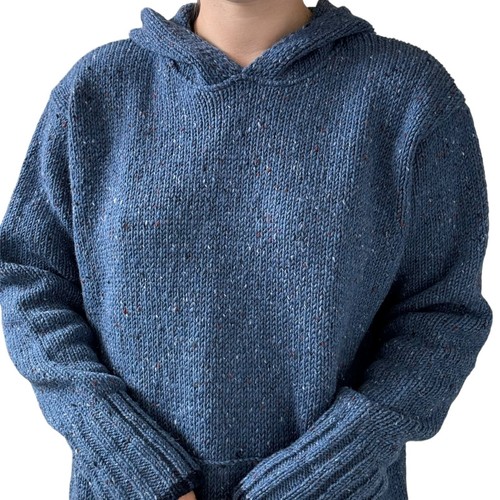Nuevo con etiquetas Suéter Aran Mercado Canguro Sudadera con Capucha 100% Lana Azul Marino Pescador Suéter Irlandés L - Imagen 8 de 10
