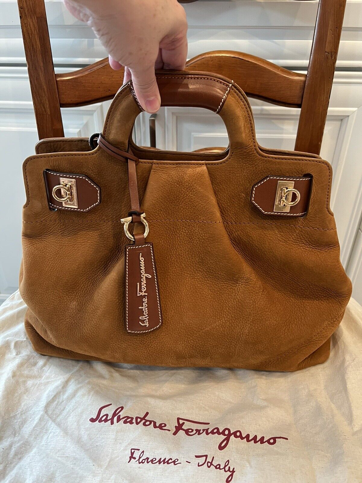 salvatore ferragamo handbag suede leather Satchel Bag - Camel