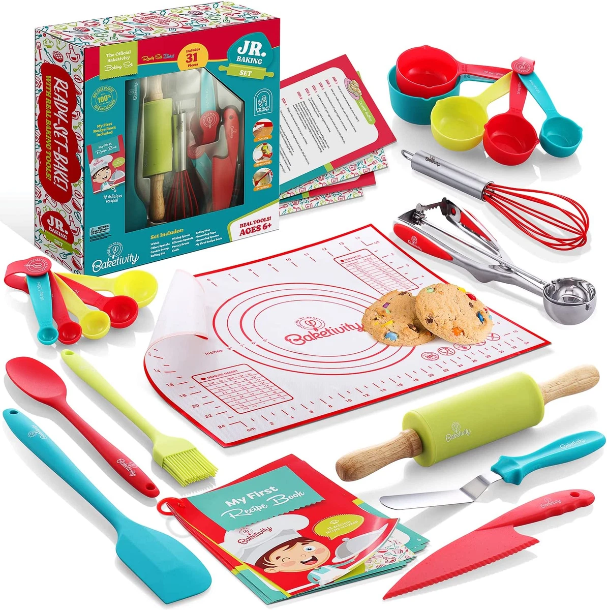 Baketivity 31 Pcs Kids Cooking & Baking Set w/Kids Knife & Real Cooking  Utensils