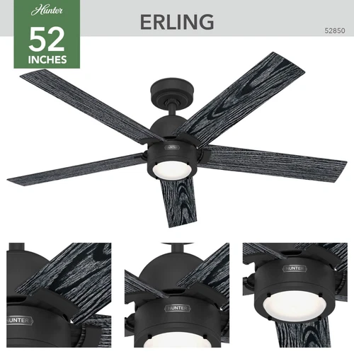 Hunter 52 inch Erling ENERGY STAR® Matte Black Ceiling Fan, Light Kit, Remote - Picture 5 of 16