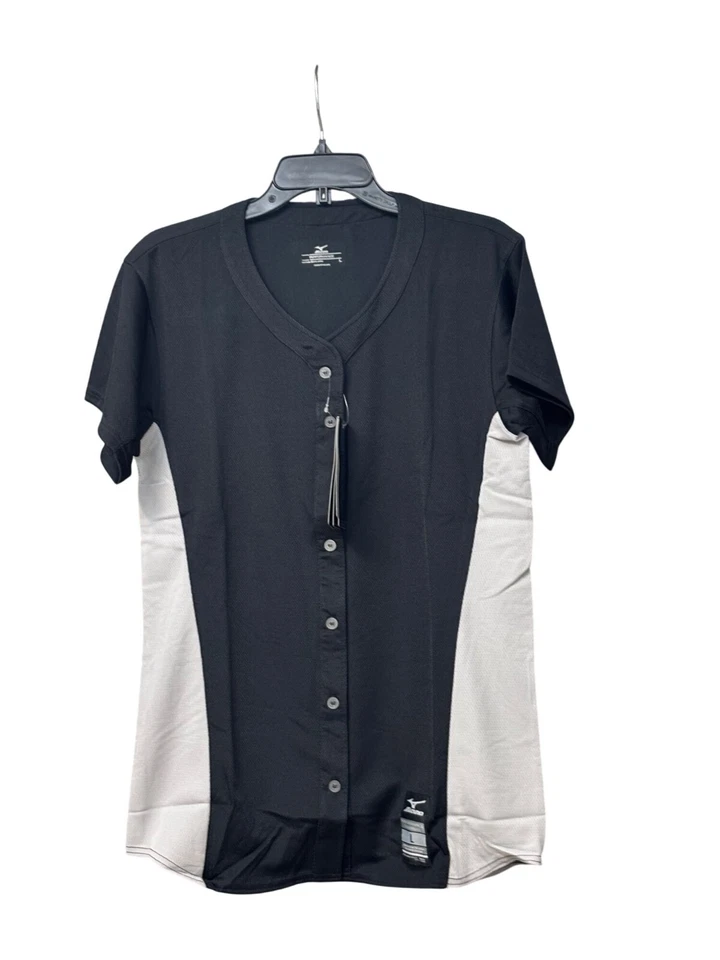 Camiseta deportiva profesional de juego de softbol con botones completos Mizuno para mujer, 350581, negra/gris, talla S Foto 3 de 4