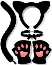 Black Cat Costume - Fluffy Cat Ears Headband Tail Paws Gloves Choker Cute Set...