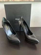 SAINT LAURENT Janis Chain Leather Platform Pumps size Italy 38.5 /8.5