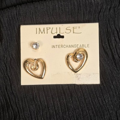 Vintage Impulse Heart Earrings Gold Tone Rhinestone Interchangeable 90s Jewelry