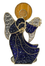 Vtg Stained Glass Christmas Angel Tambourines Candle Holder Luminary Blue Gold