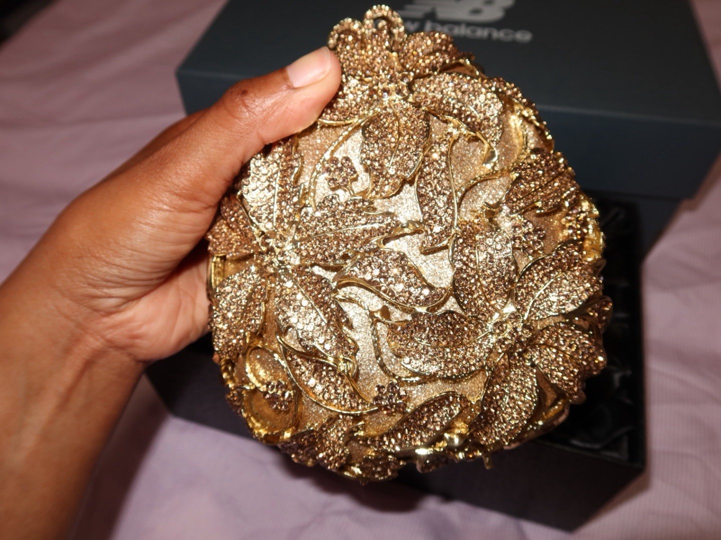 Gold Floral Rhinestone Beaded Oval Evening Clutch Chain Strap Snap Closure