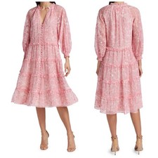 Alice + Olivia Layla Midi Dress Forever Yours English Rose Pink Button Tiered XS