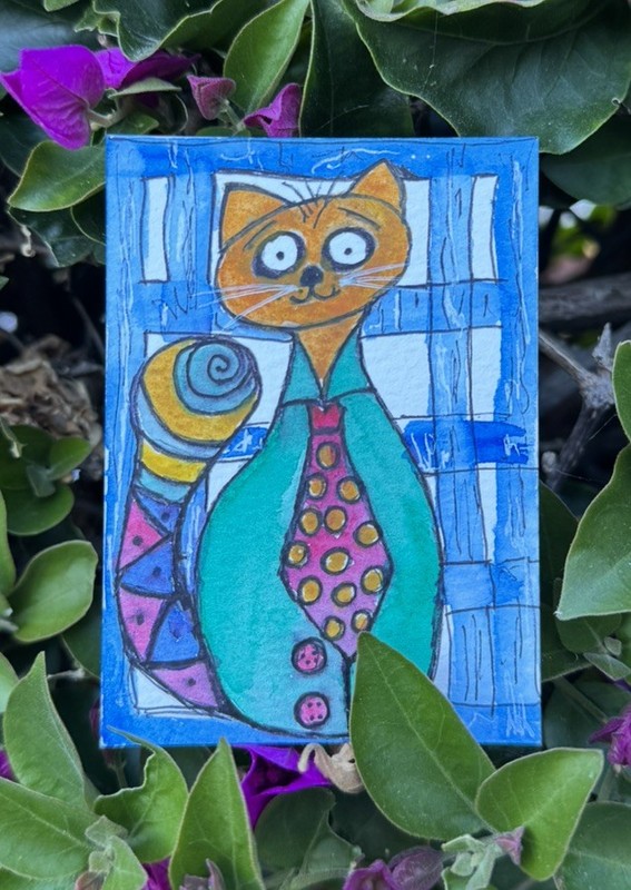 OOAK “The cat who knew secrets” Original ACEO Watercolor & Ink Cat on Paper 