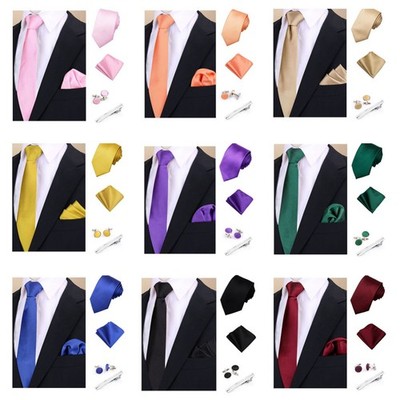 Mens Tie Pocket Square Cufflink Wedding Groom Set with Box