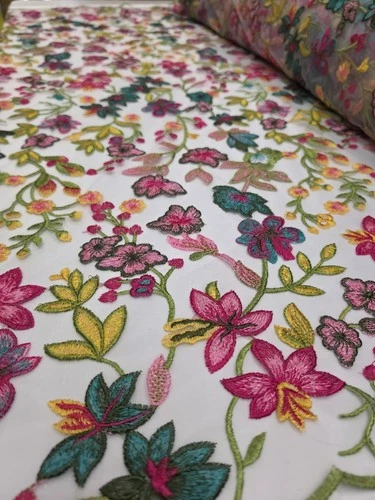 Fabric By The Yard Multicolor Lace Pink Fuchsia Embroidery Flowers On White Mesh image 14