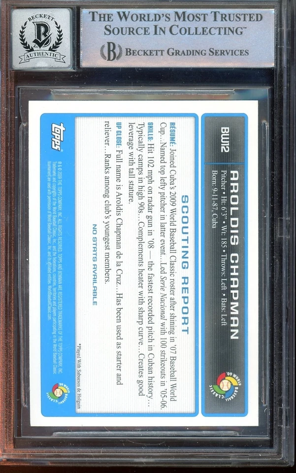 2009 Bowman WBC Prospects Aroldis Chapman #BW12 BGS 10 Autograph Signed Rookie - Image 2 of 2