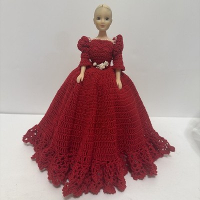 Vintage Fibre Craft Doll & Handmade Red Crochet Victorian Dress 1991 Rose Beaded