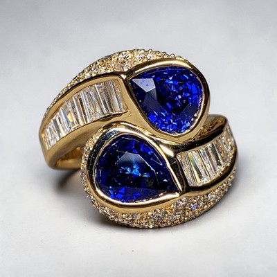 Nachlass 18K gelbe Birne Saphir Baguette runder Diamant Bypass Cocktail Ring 7ctw