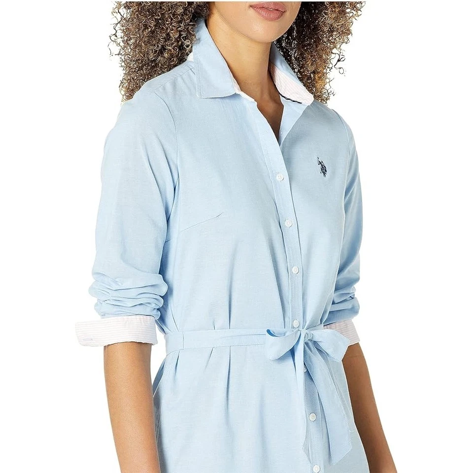 U.S. Polo Assn. Women’s Long Sleeve Stretch Oxford Shirt Dress with Tie Waist, C - Image 3 of 3