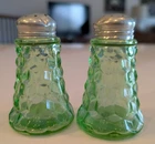 Vintage Uranium Glass Jeanette Cube Pattern Shaker Set