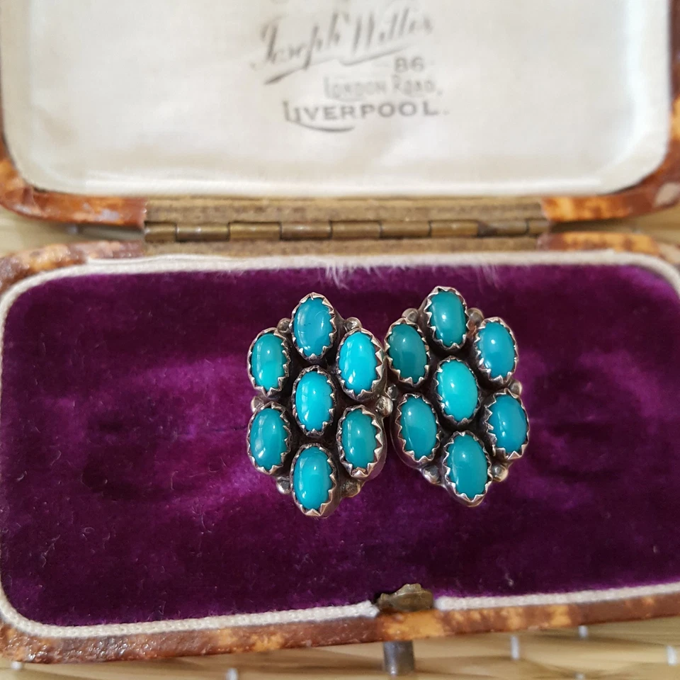 Aretes vintage de plata de ley 925, turquesa genuina, nativos americanos  Foto 3 de 4