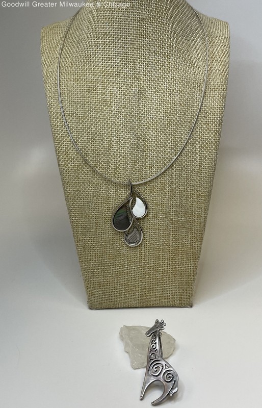 Lia Sophia Silver Tone Abstract Pendant Necklace & Giraffe Brooch 15.6g