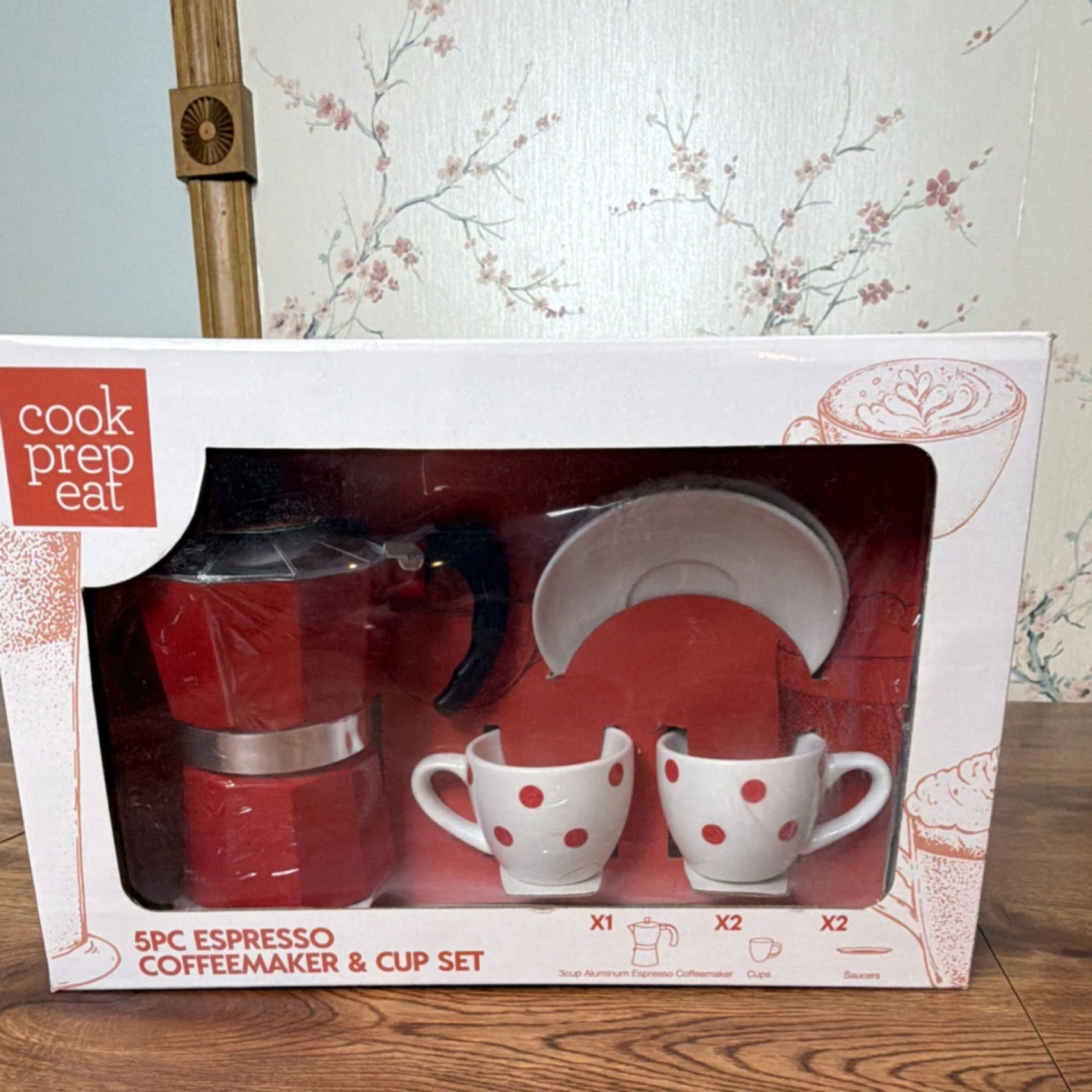 Cook Prep Eat Red Stovetop Espresso Maker Set 3 Cup Coffeemaker 2 Cups