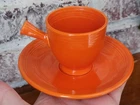 VINTAGE Homer Laughlin FIESTA ORANGE Demitasse Stick Handle CUP & SAUCER Set