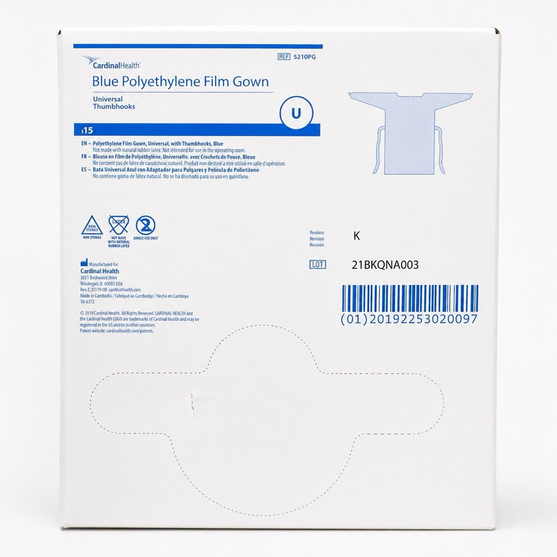 Cardinal Health Blue Polyethylene Film Gown Universal Thumbhooks 5210PG