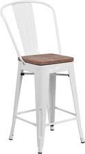 Lily 24" High White Metal Counter Height Stool with Back and Wood Seat (Pack of 