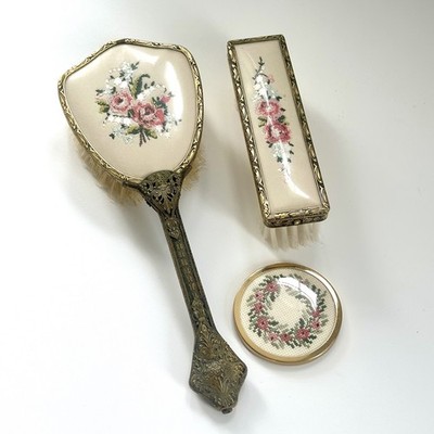 Antikes Petit Point Waisthe-Set Handspiegel-Pinsel Puder Kompakte Boudoir-Pflege
